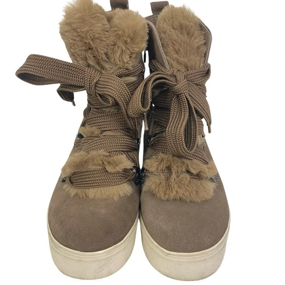 J Slides Faux Fur Wedge Whitney Sneakers Womens 8.5 Platform Booties Suede Taupe - Picture 4 of 16